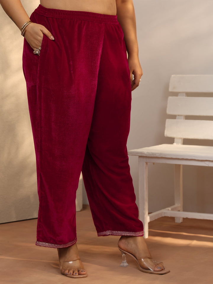 Plus Size Maroon Embroidered Velvet Straight Suit Set With Dupatta
