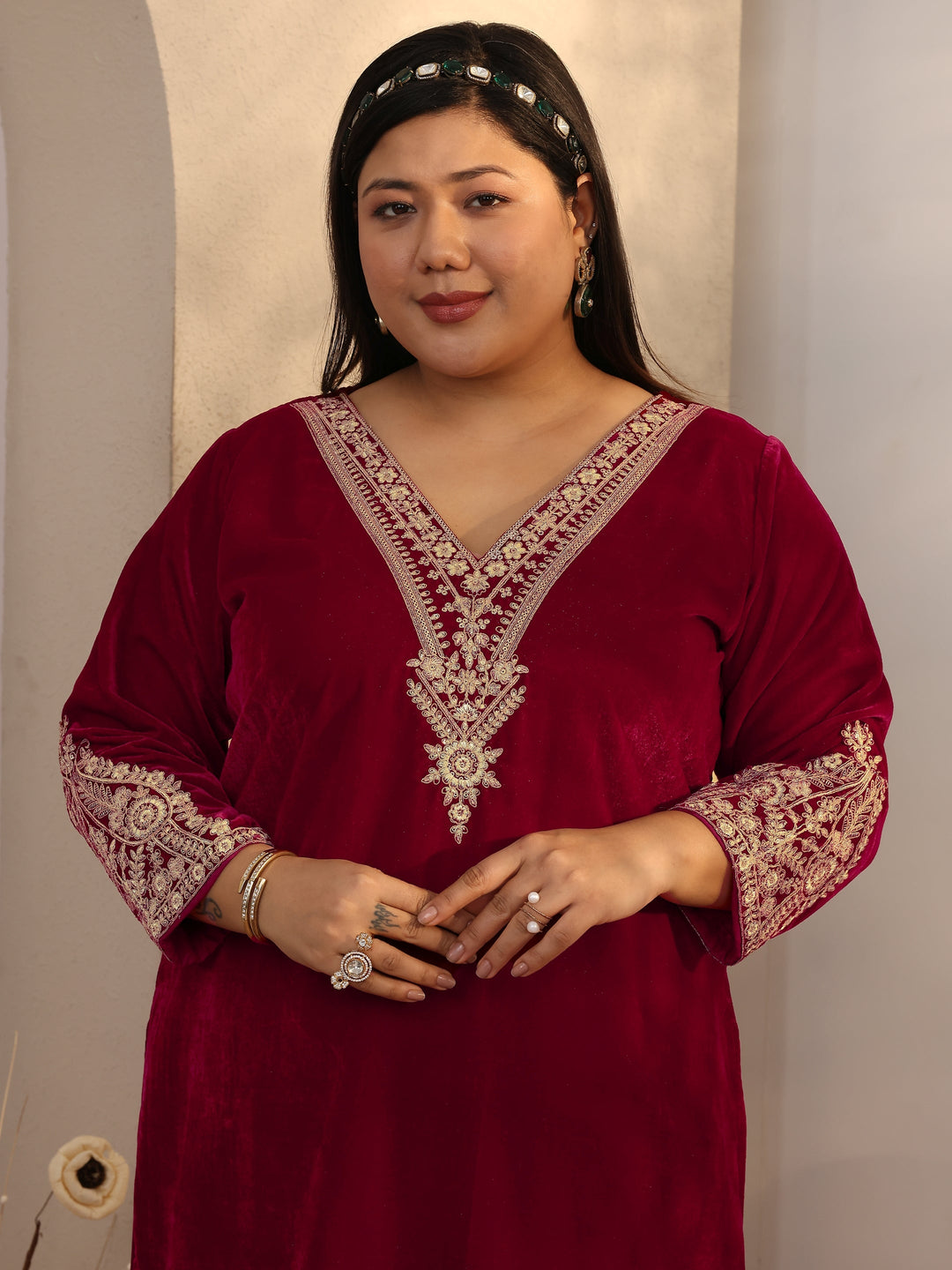 Plus Size Maroon Embroidered Velvet Straight Suit Set With Dupatta