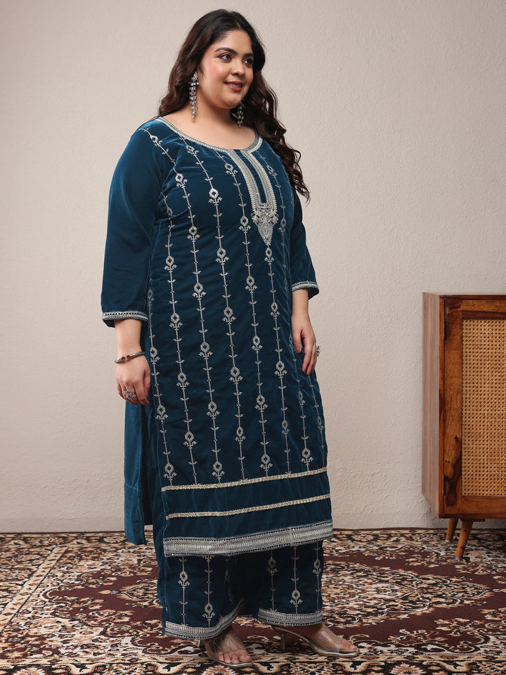 Plus Size Navy blue Embroidered Velvet Straight Suit Set With Dupatta