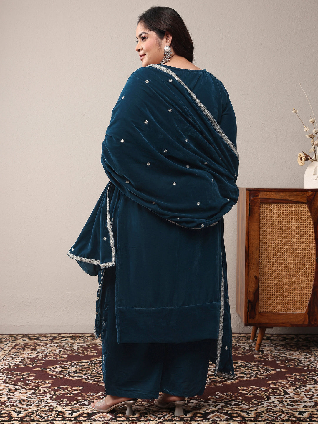 Plus Size Navy blue Embroidered Velvet Straight Suit Set With Dupatta