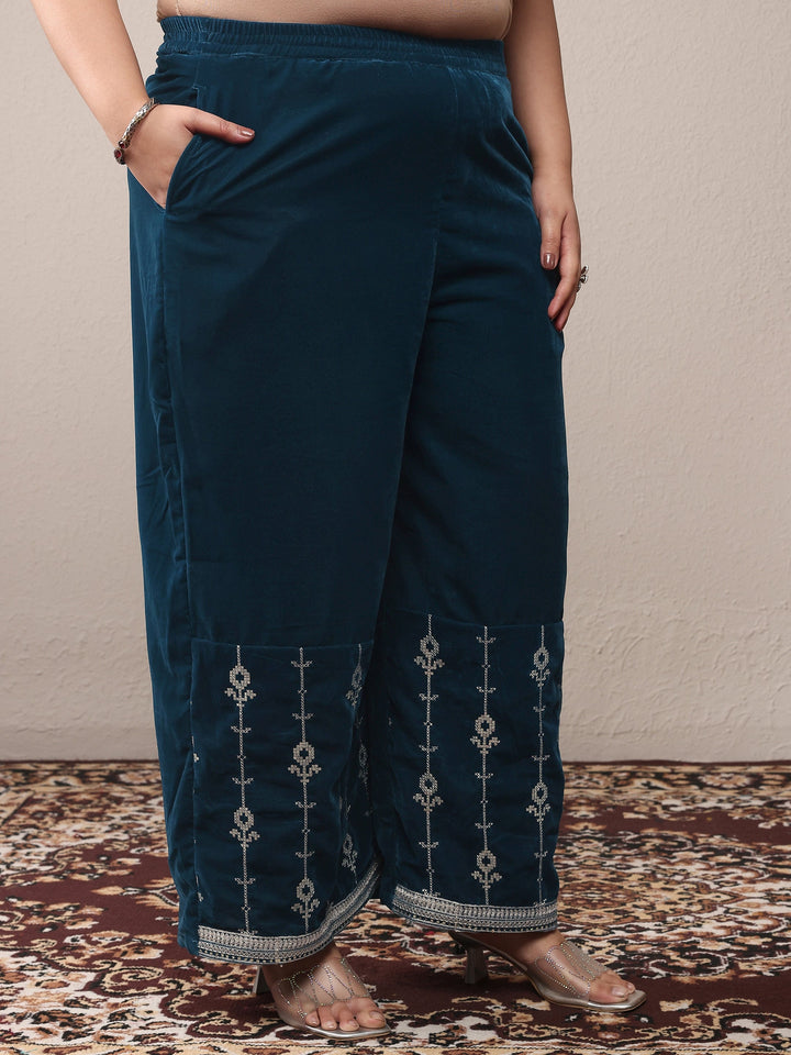 Plus Size Navy blue Embroidered Velvet Straight Suit Set With Dupatta