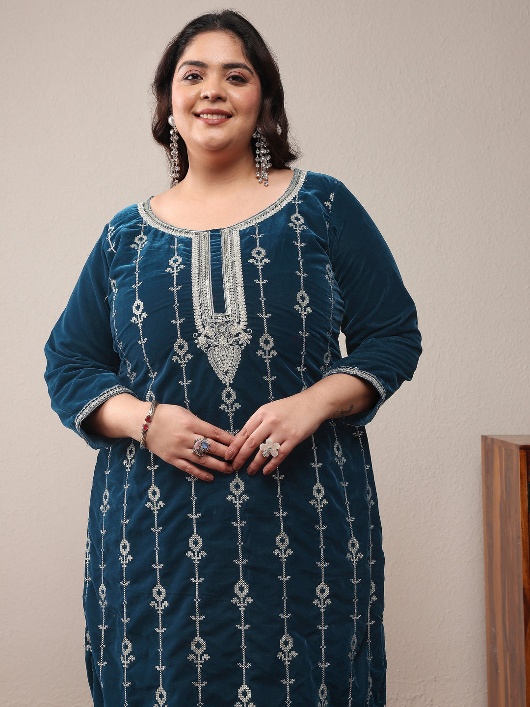 Plus Size Navy blue Embroidered Velvet Straight Suit Set With Dupatta