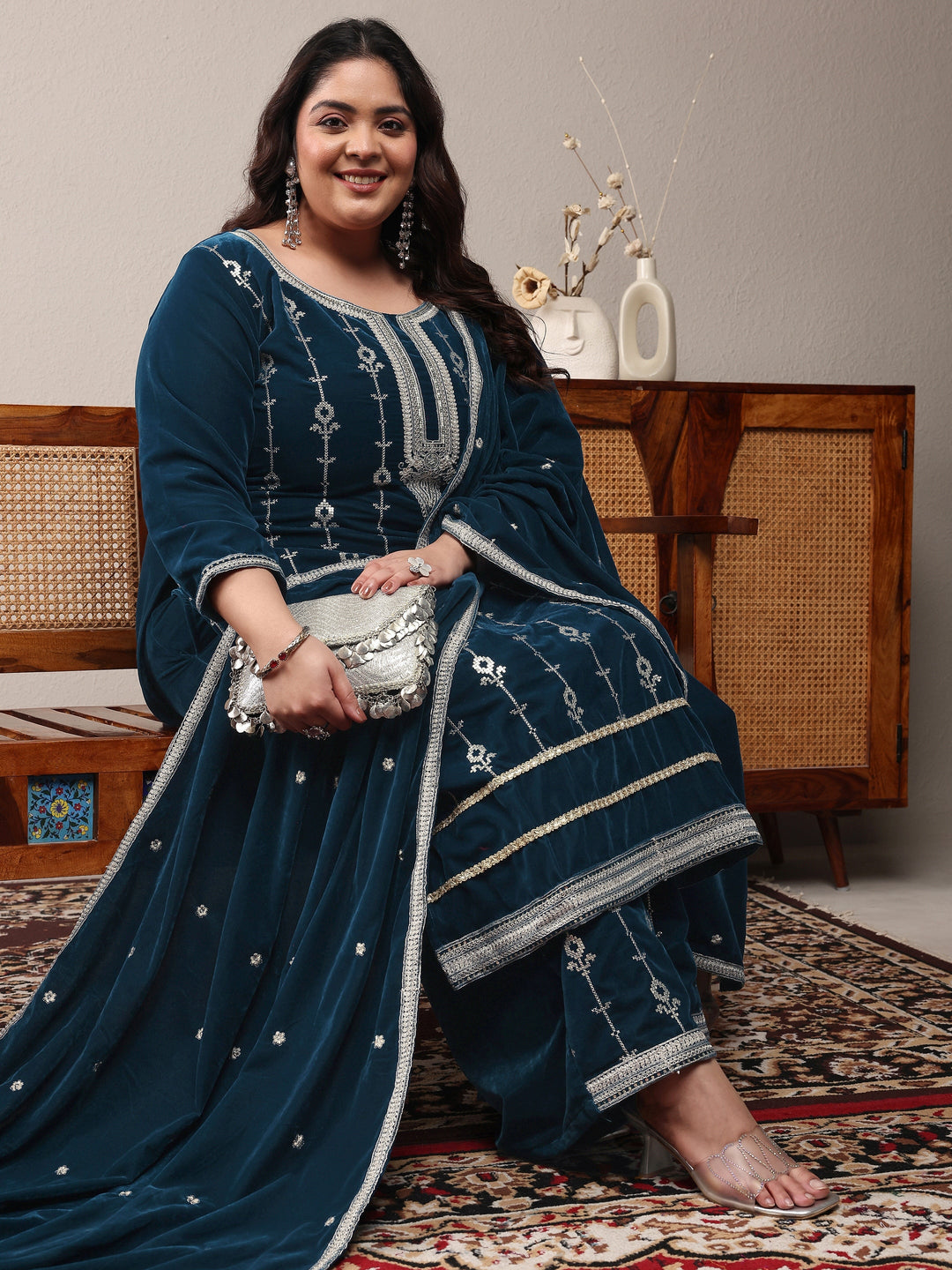 Plus Size Navy blue Embroidered Velvet Straight Suit Set With Dupatta