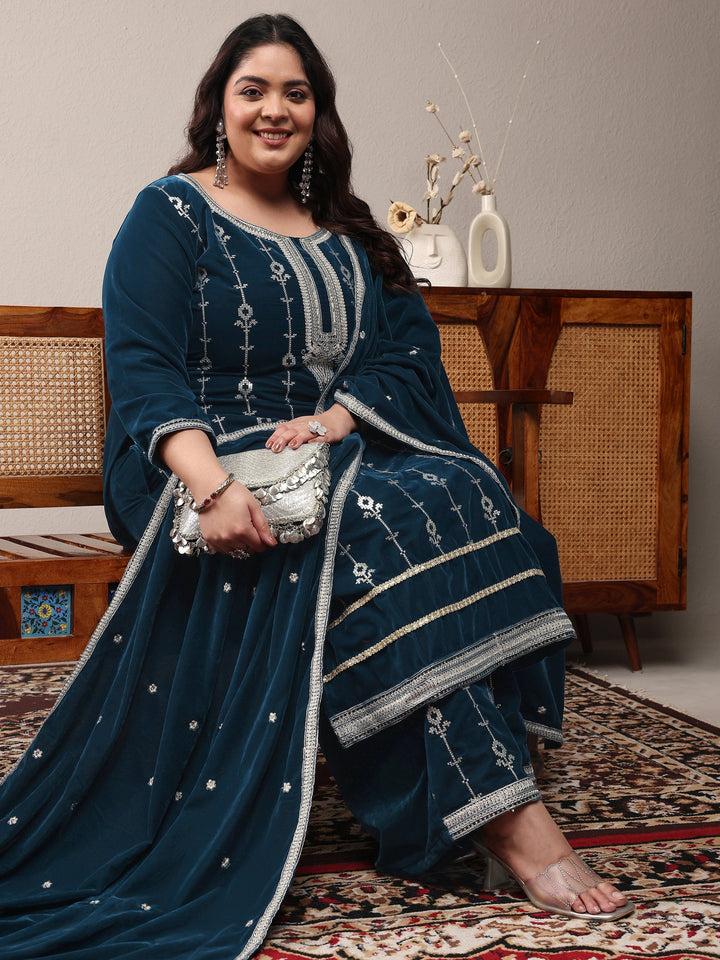 Plus Size Navy blue Embroidered Velvet Straight Suit Set With Dupatta