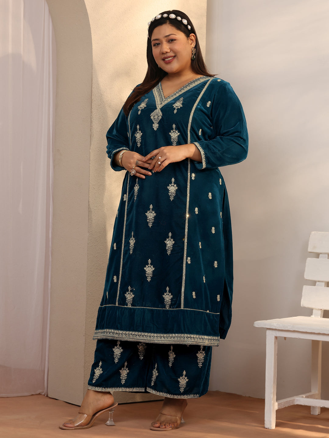 Plus Size Teal Embroidered Velvet Straight Suit Set With Dupatta