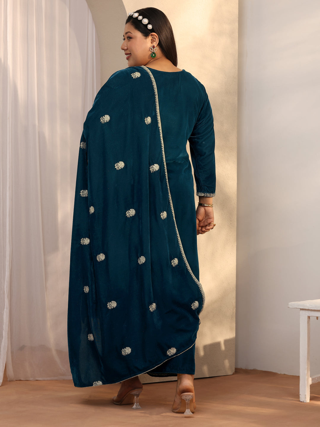 Plus Size Teal Embroidered Velvet Straight Suit Set With Dupatta