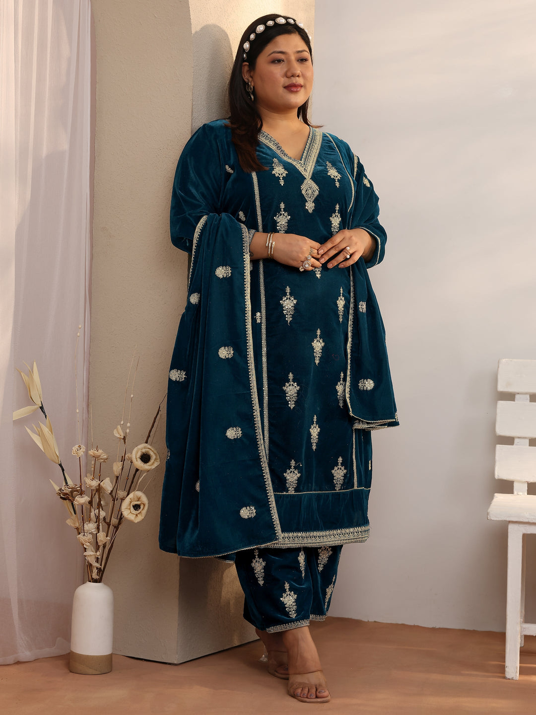 Plus Size Teal Embroidered Velvet Straight Suit Set With Dupatta