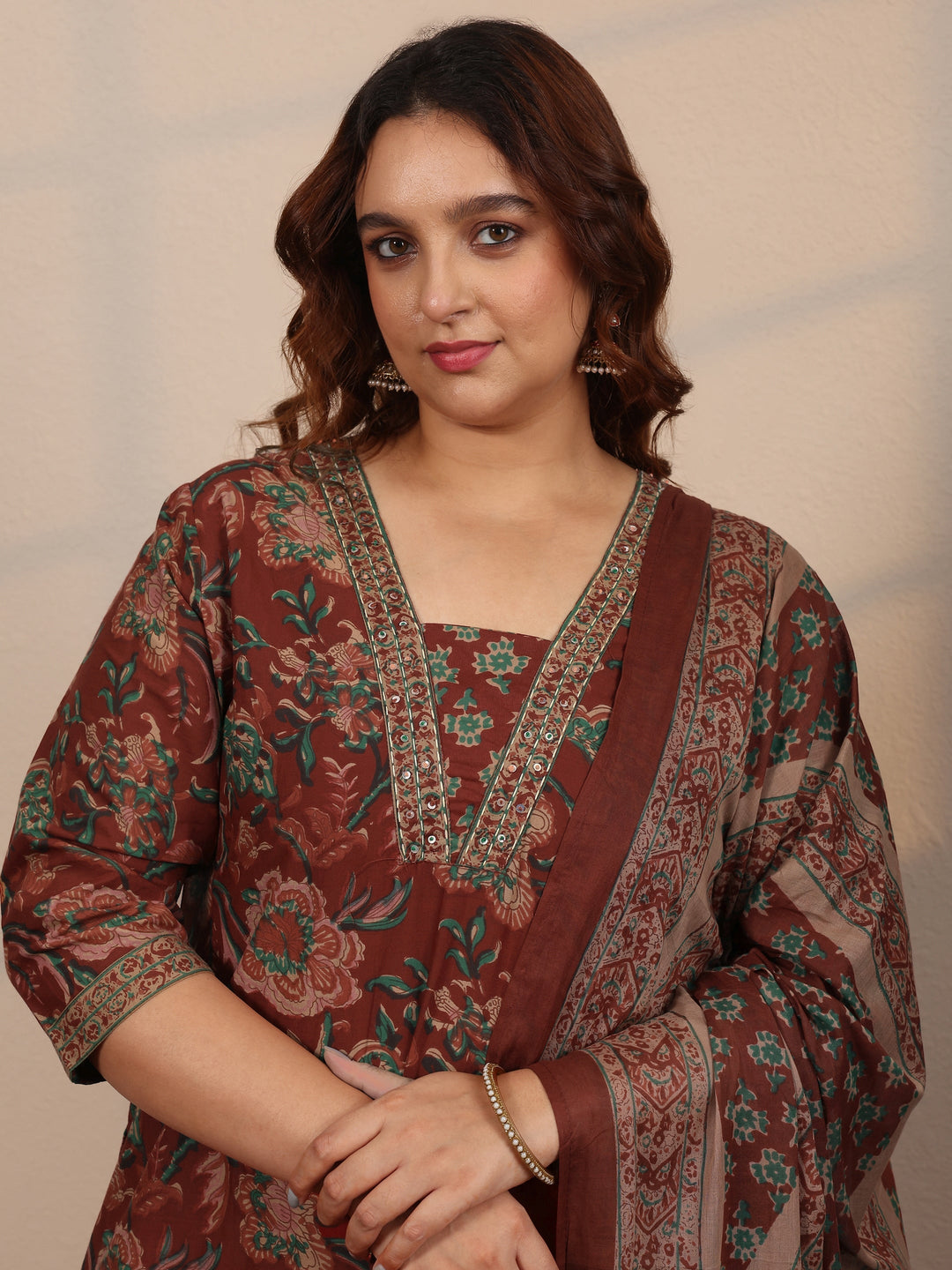 Plus Size Maroon Printed Cotton Straight Suit Set With Dupatta