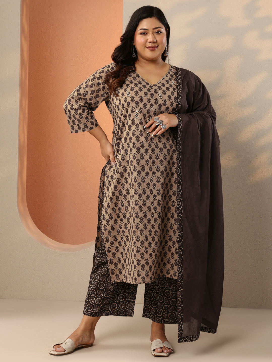 Plus Size Brown Printed Cotton Straight Suit Set With Dupatta