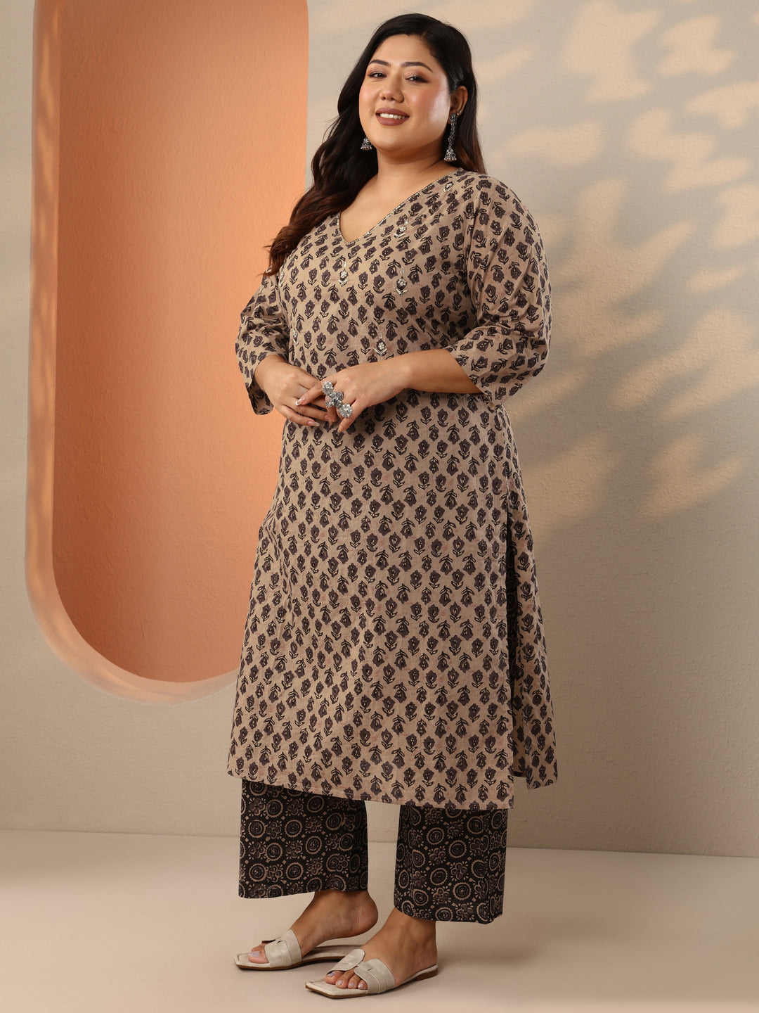 Plus Size Brown Printed Cotton Straight Suit Set With Dupatta