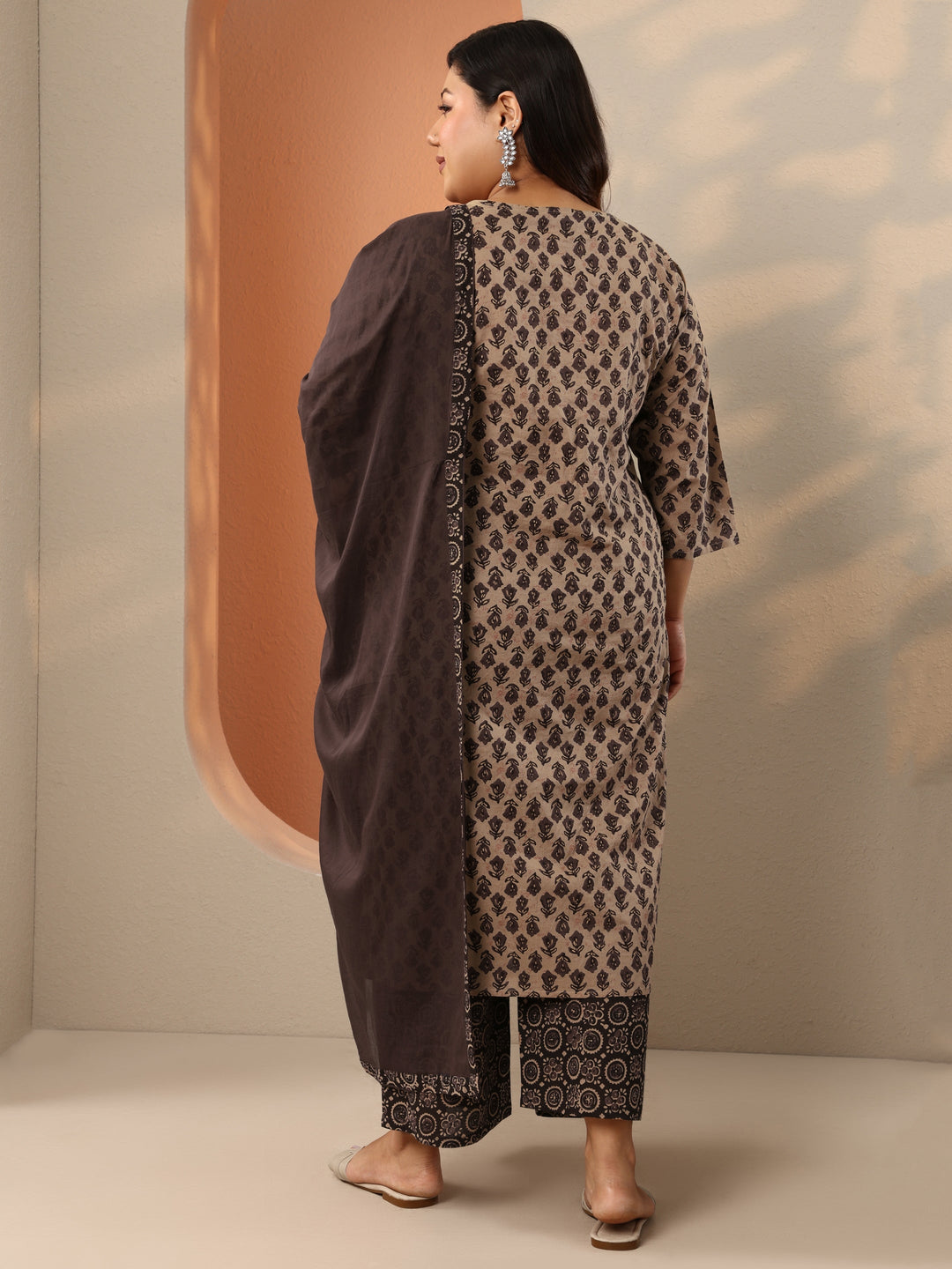 Plus Size Brown Printed Cotton Straight Suit Set With Dupatta