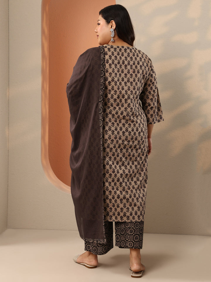Plus Size Brown Printed Cotton Straight Suit Set With Dupatta