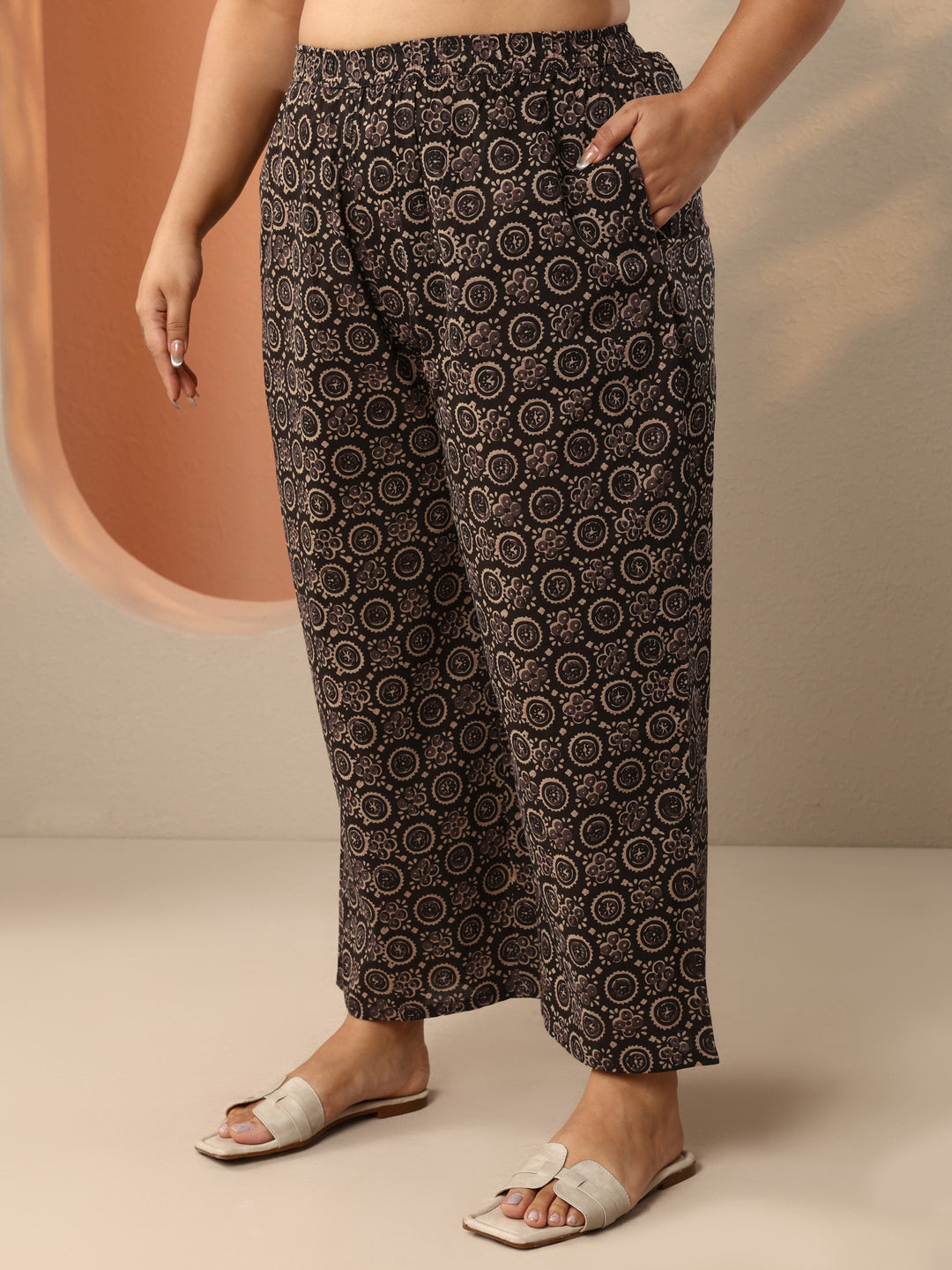Plus Size Brown Printed Cotton Straight Suit Set With Dupatta