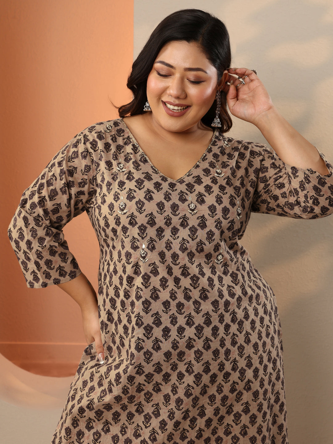 Plus Size Brown Printed Cotton Straight Suit Set With Dupatta
