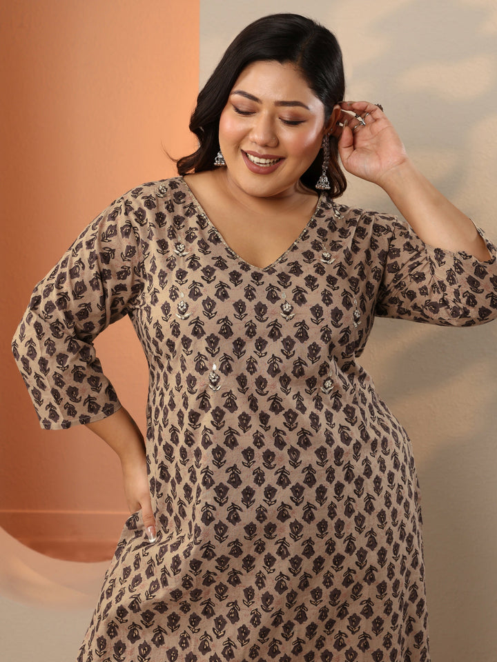Plus Size Brown Printed Cotton Straight Suit Set With Dupatta
