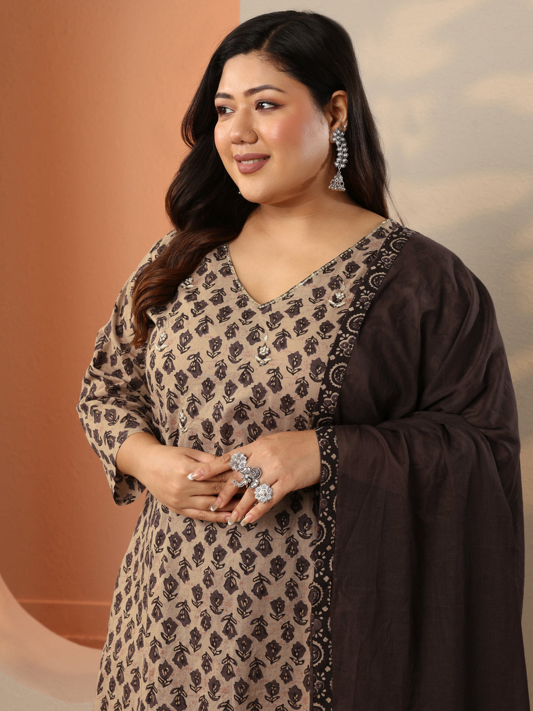 Plus Size Brown Printed Cotton Straight Suit Set With Dupatta