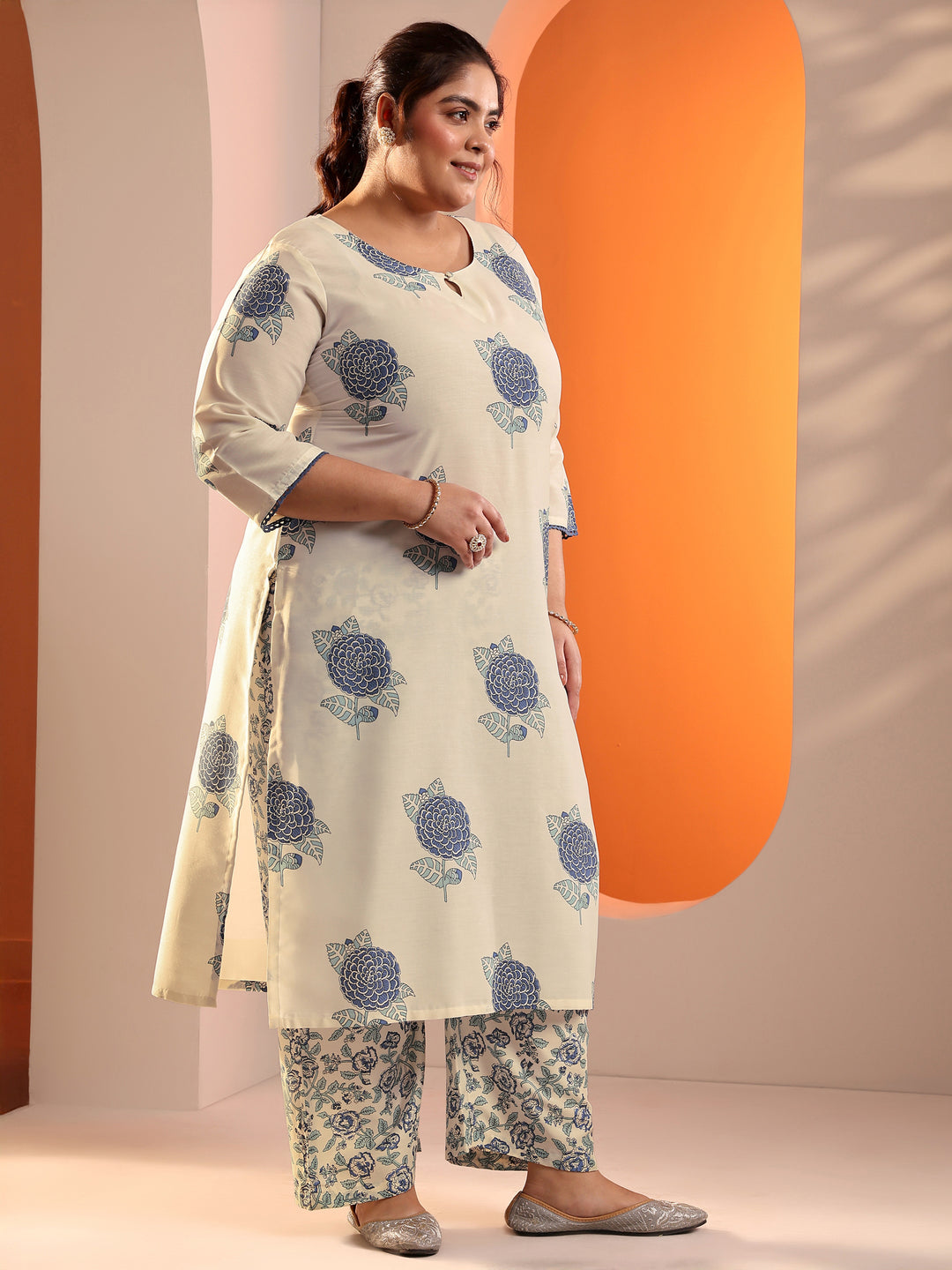 Plus Size Off White Printed Silk Blend Straight Suit Set With Dupatta
