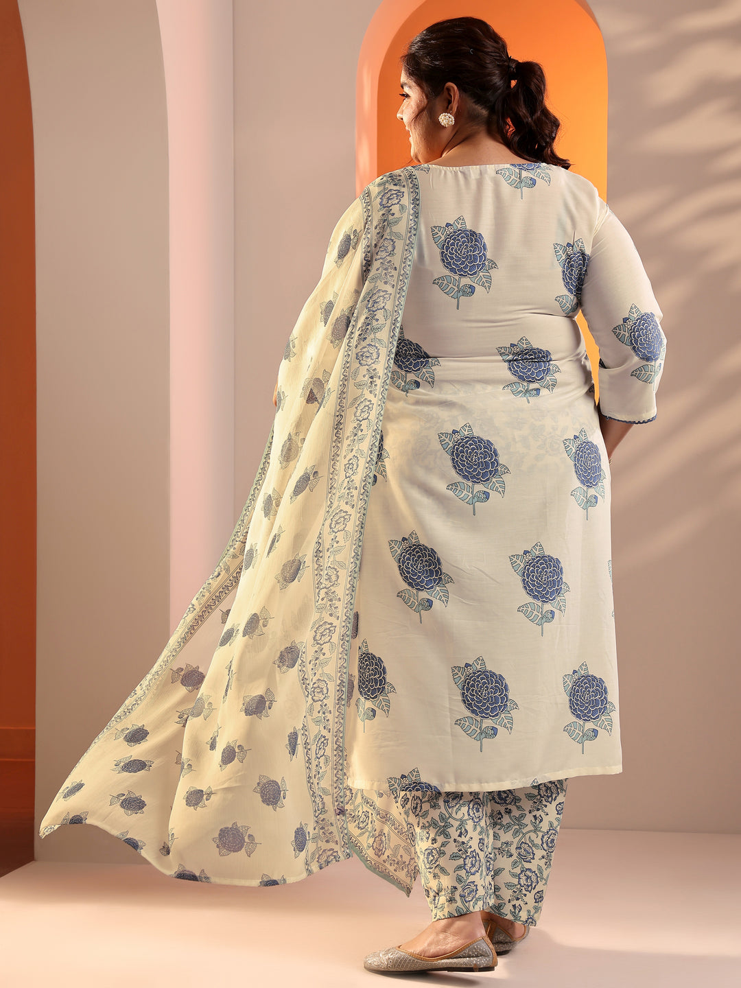 Plus Size Off White Printed Silk Blend Straight Suit Set With Dupatta