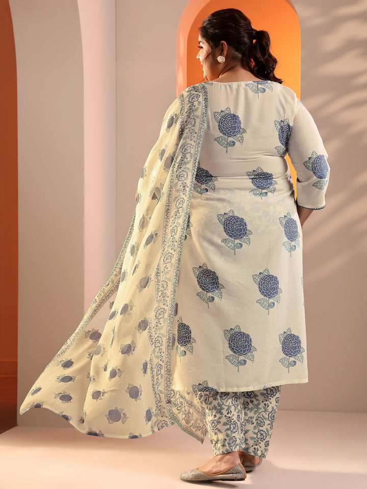 Plus Size Off White Printed Silk Blend Straight Suit Set With Dupatta