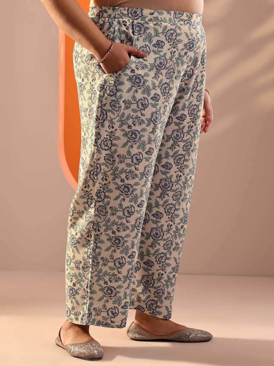 Plus Size Off White Printed Silk Blend Straight Suit Set With Dupatta