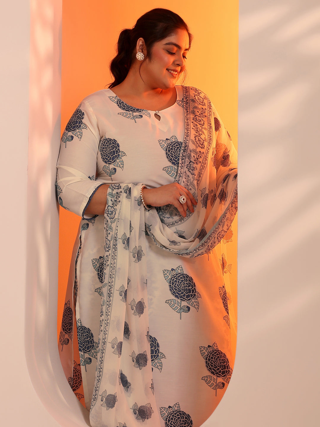 Plus Size Off White Printed Silk Blend Straight Suit Set With Dupatta
