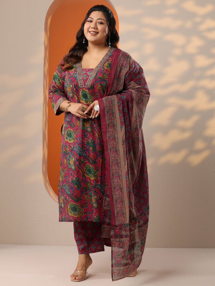 Plus Size Pink Printed Cotton Straight Suit Set With Dupatta