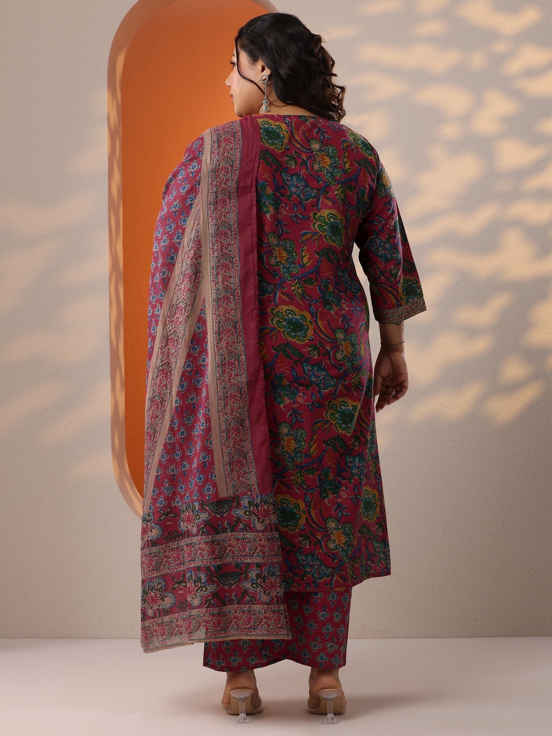 Plus Size Pink Printed Cotton Straight Suit Set With Dupatta