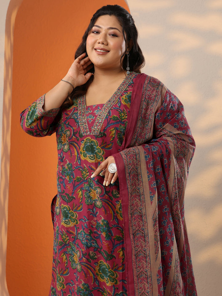 Plus Size Pink Printed Cotton Straight Suit Set With Dupatta