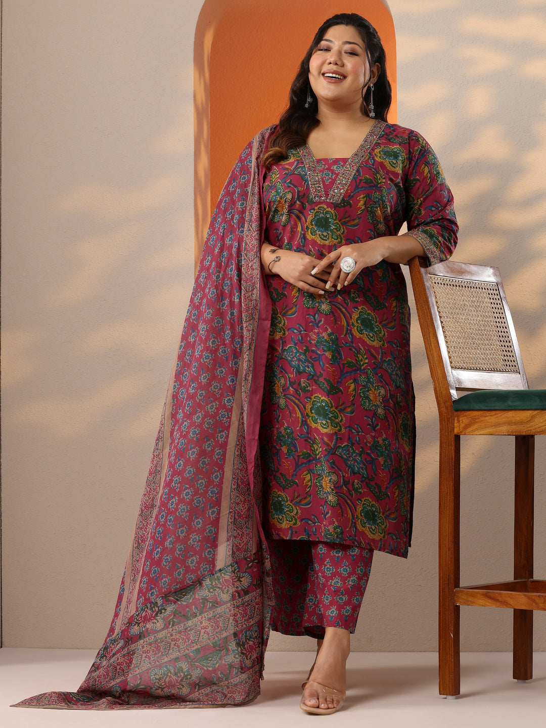 Plus Size Pink Printed Cotton Straight Suit Set With Dupatta
