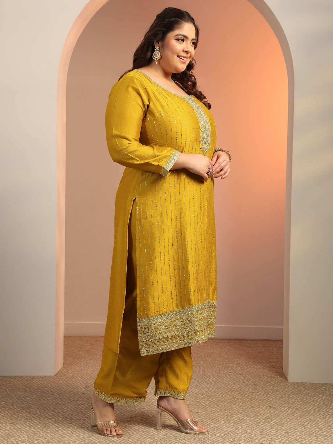 Plus Size Mustard Embellished Silk blend Straight Suit Set With Dupatta