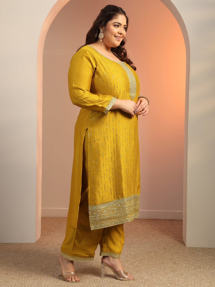 Plus Size Mustard Embellished Silk blend Straight Suit Set With Dupatta