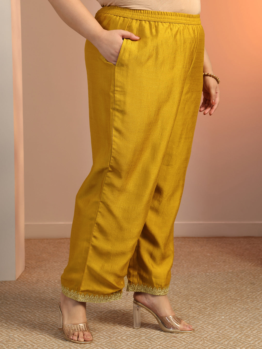 Plus Size Mustard Embellished Silk blend Straight Suit Set With Dupatta