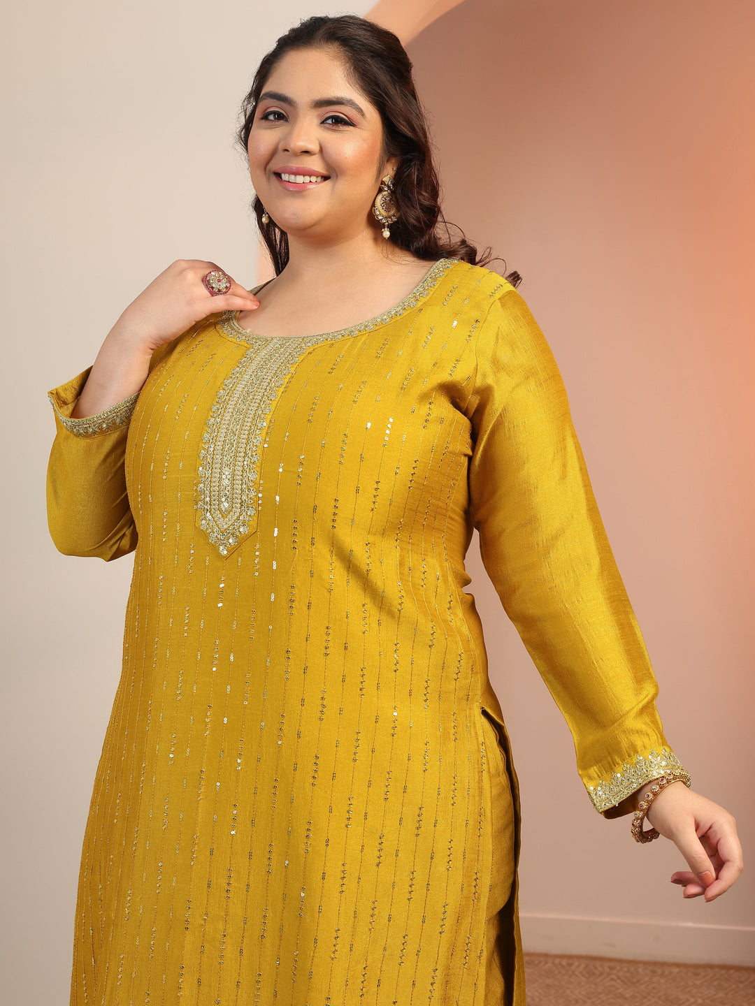 Plus Size Mustard Embellished Silk blend Straight Suit Set With Dupatta