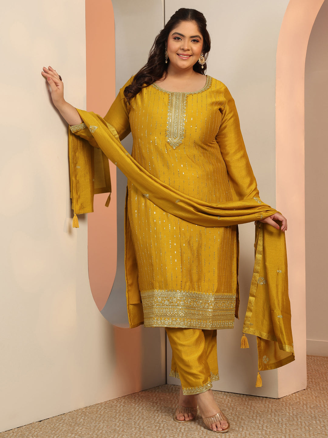 Plus Size Mustard Embellished Silk blend Straight Suit Set With Dupatta