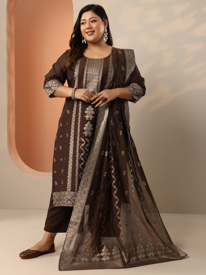 Plus Size Brown Woven Design Silk Blend Straight Suit Set With Dupatta