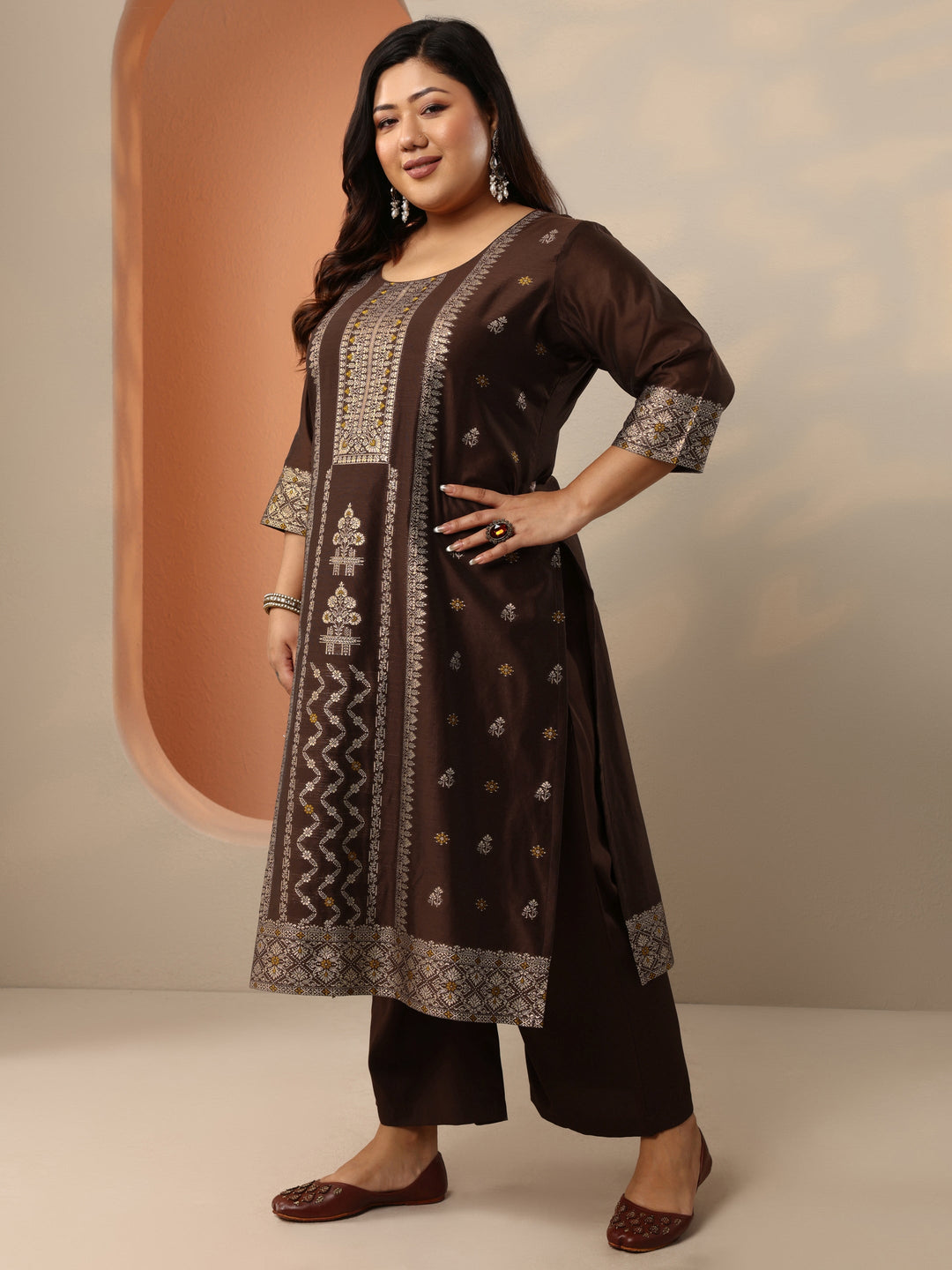 Plus Size Brown Woven Design Silk Blend Straight Suit Set With Dupatta