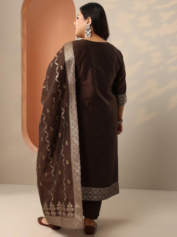 Plus Size Brown Woven Design Silk Blend Straight Suit Set With Dupatta