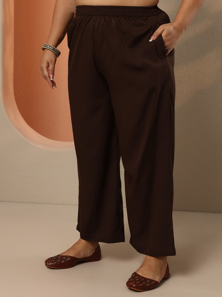 Plus Size Brown Woven Design Silk Blend Straight Suit Set With Dupatta