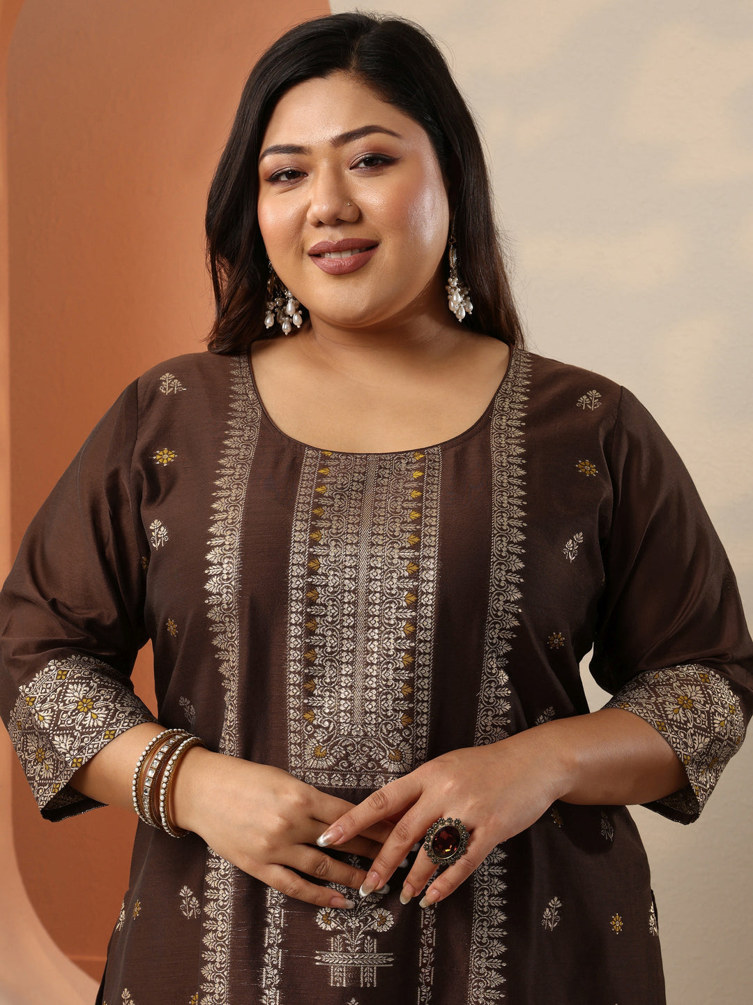 Plus Size Brown Woven Design Silk Blend Straight Suit Set With Dupatta