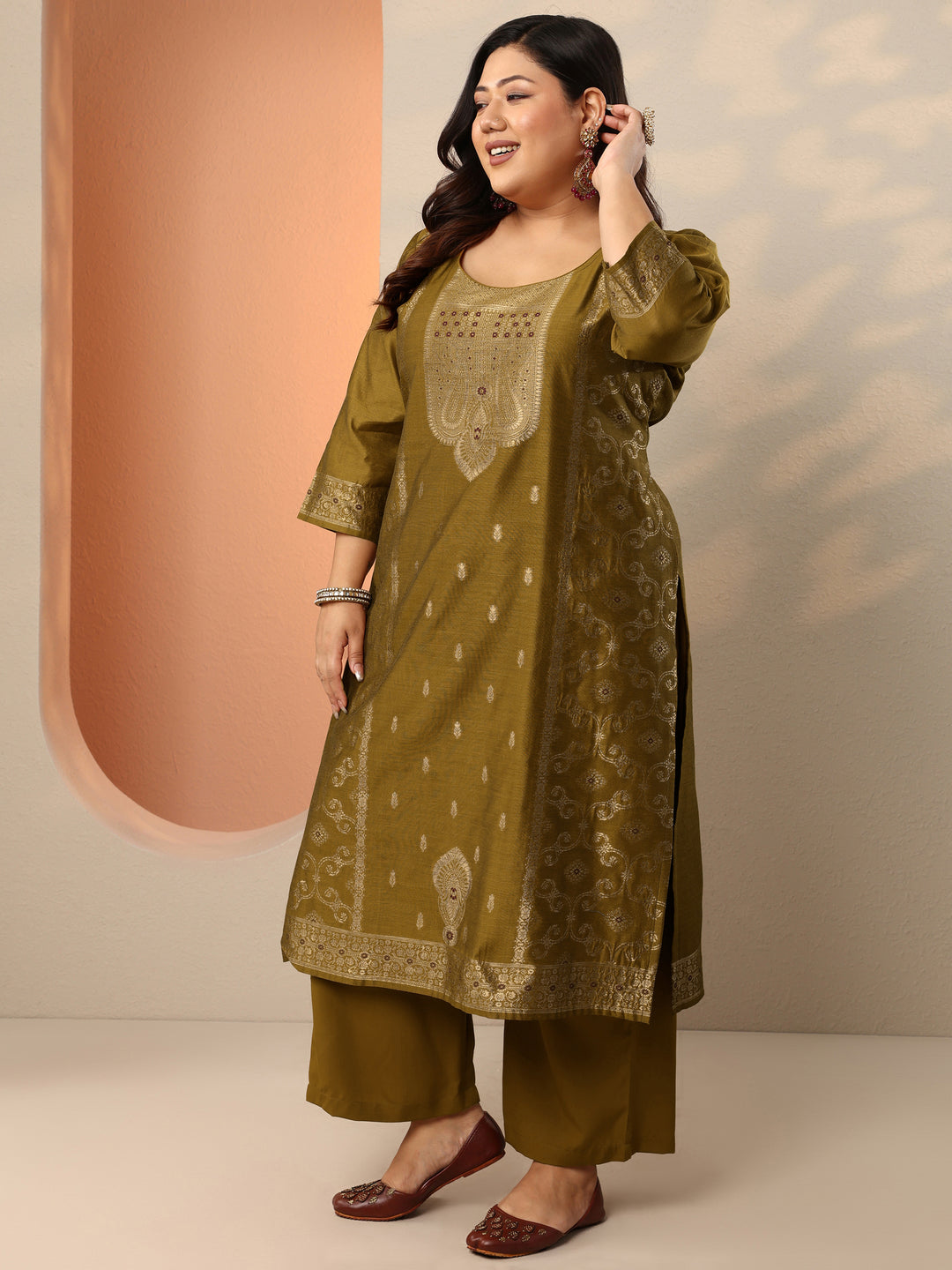 Plus Size Mustard Woven Design Silk Blend Straight Suit Set With Dupatta
