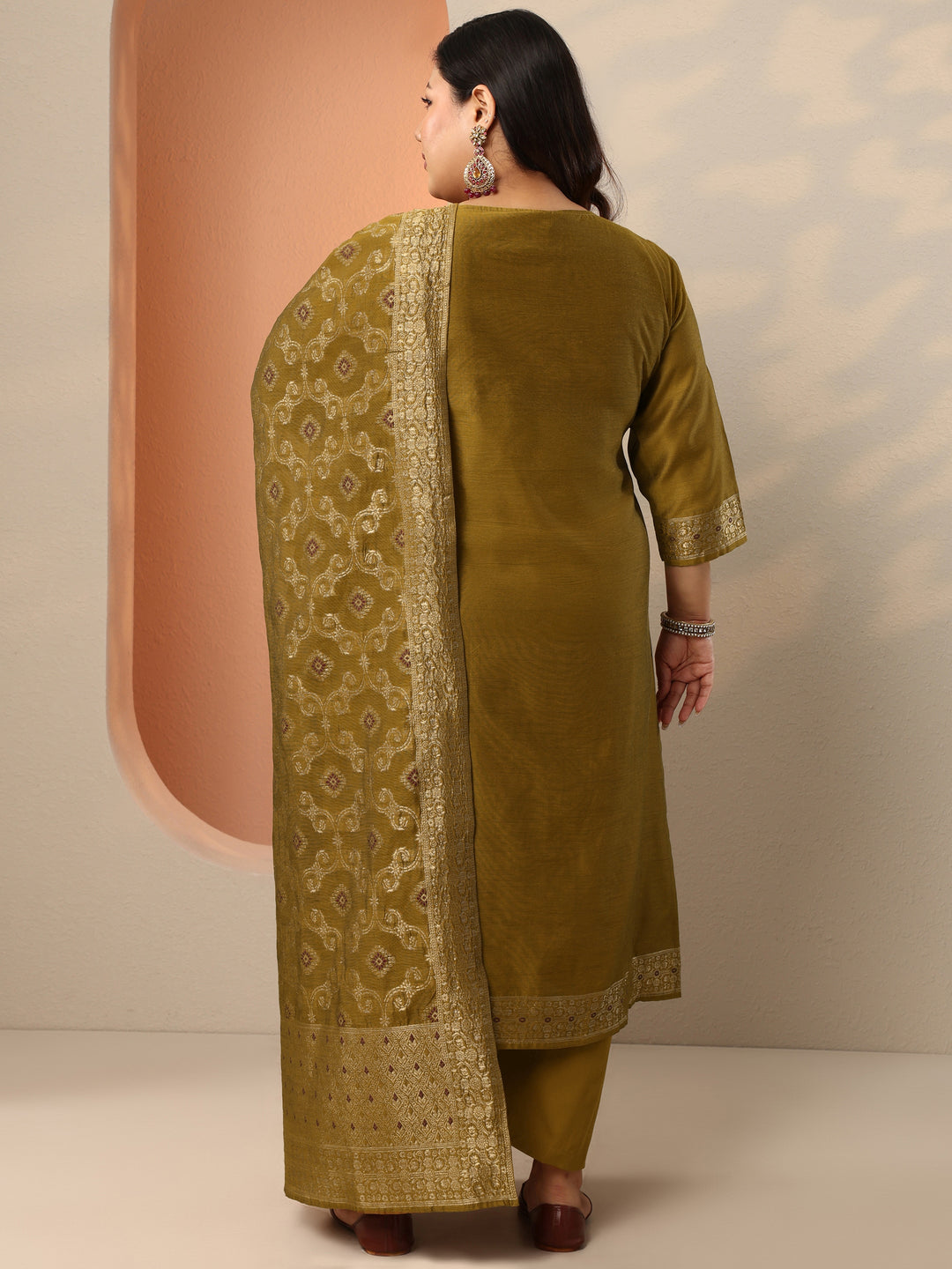 Plus Size Mustard Woven Design Silk Blend Straight Suit Set With Dupatta