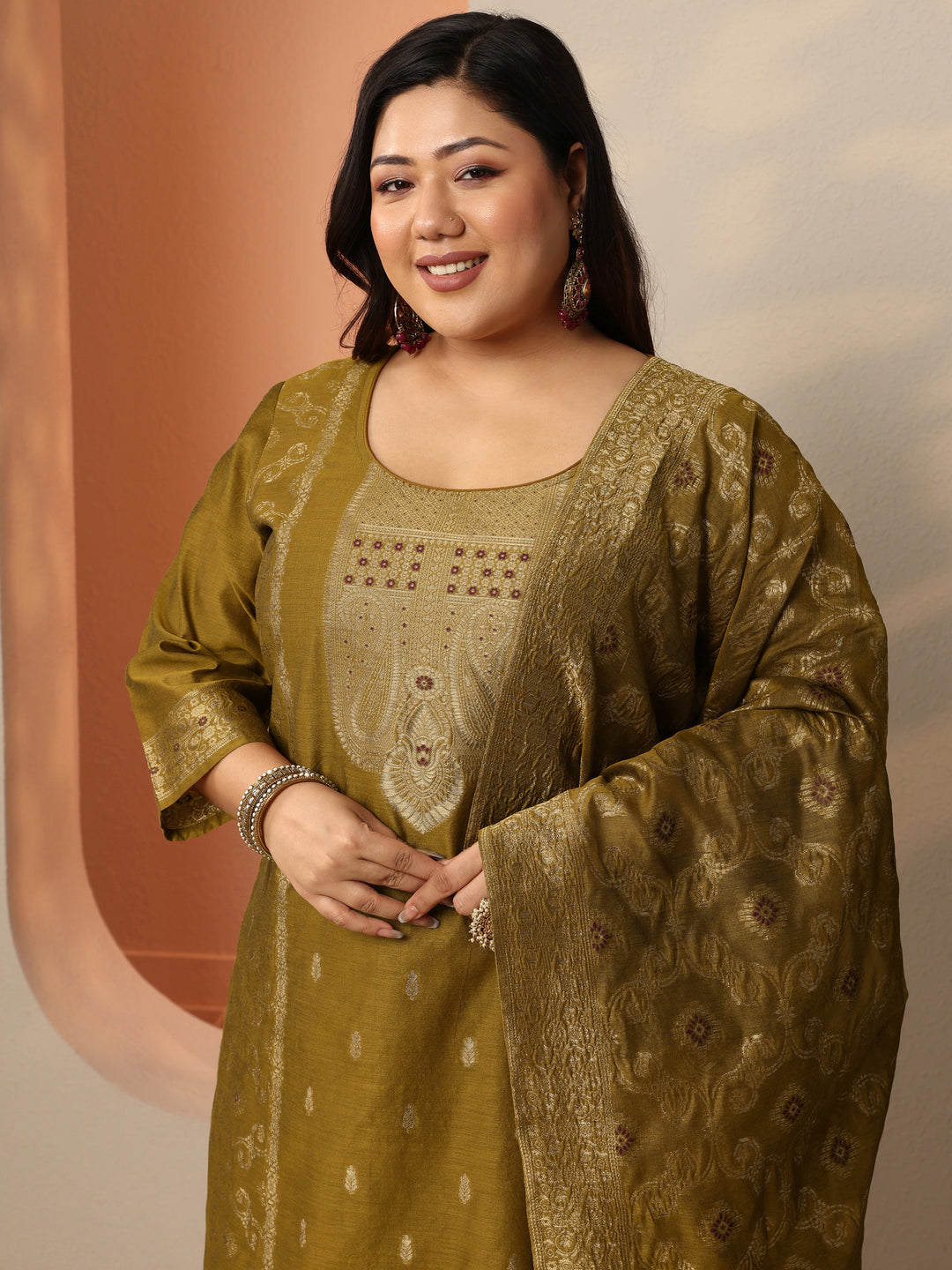 Plus Size Mustard Woven Design Silk Blend Straight Suit Set With Dupatta