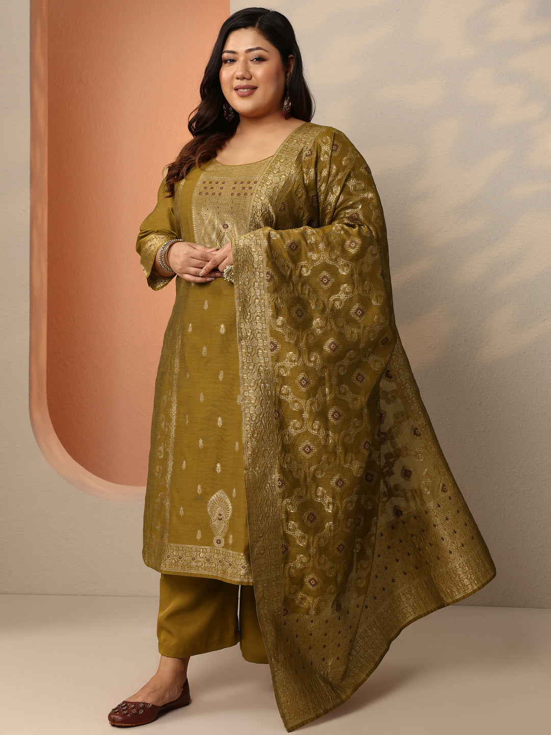 Plus Size Mustard Woven Design Silk Blend Straight Suit Set With Dupatta