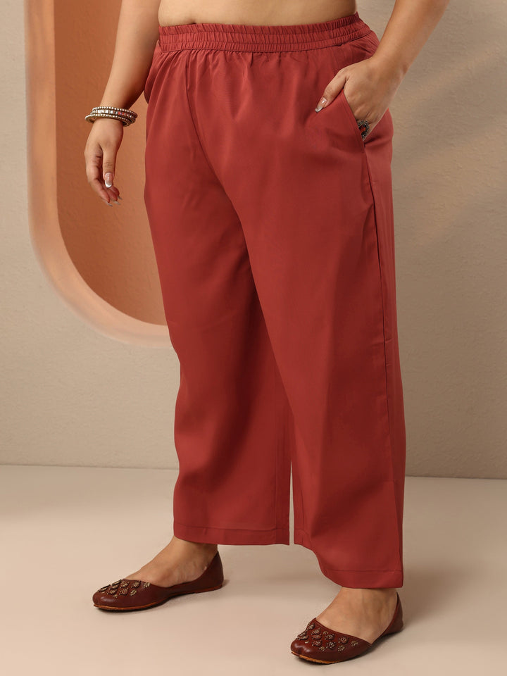 Plus Size Rust Woven Design Silk Blend Straight Suit Set With Dupatta