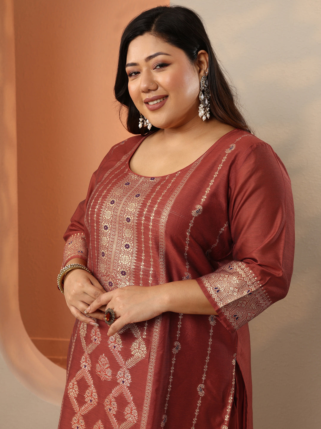 Plus Size Rust Woven Design Silk Blend Straight Suit Set With Dupatta