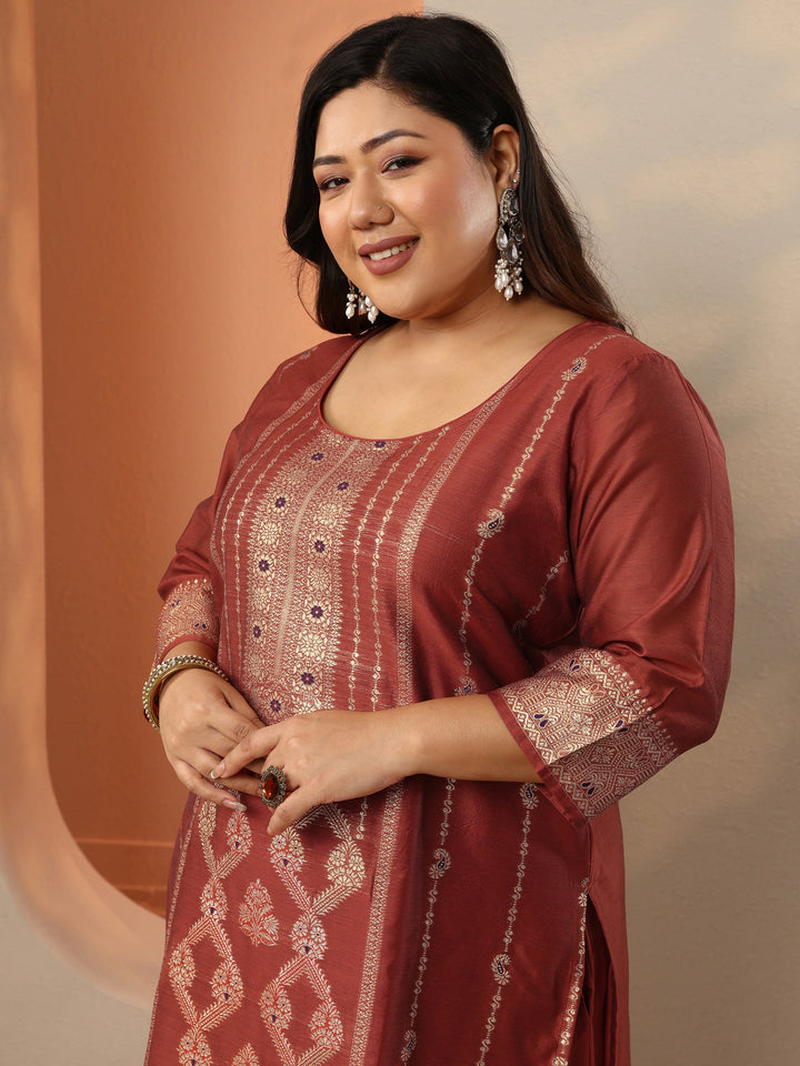 Plus Size Rust Woven Design Silk Blend Straight Suit Set With Dupatta