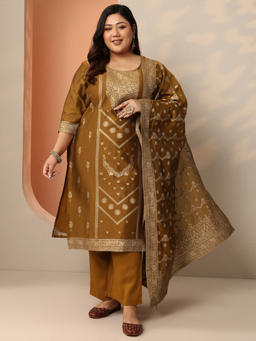 Plus Size Bronze Woven Design Silk Blend Straight Suit Set With Dupatta