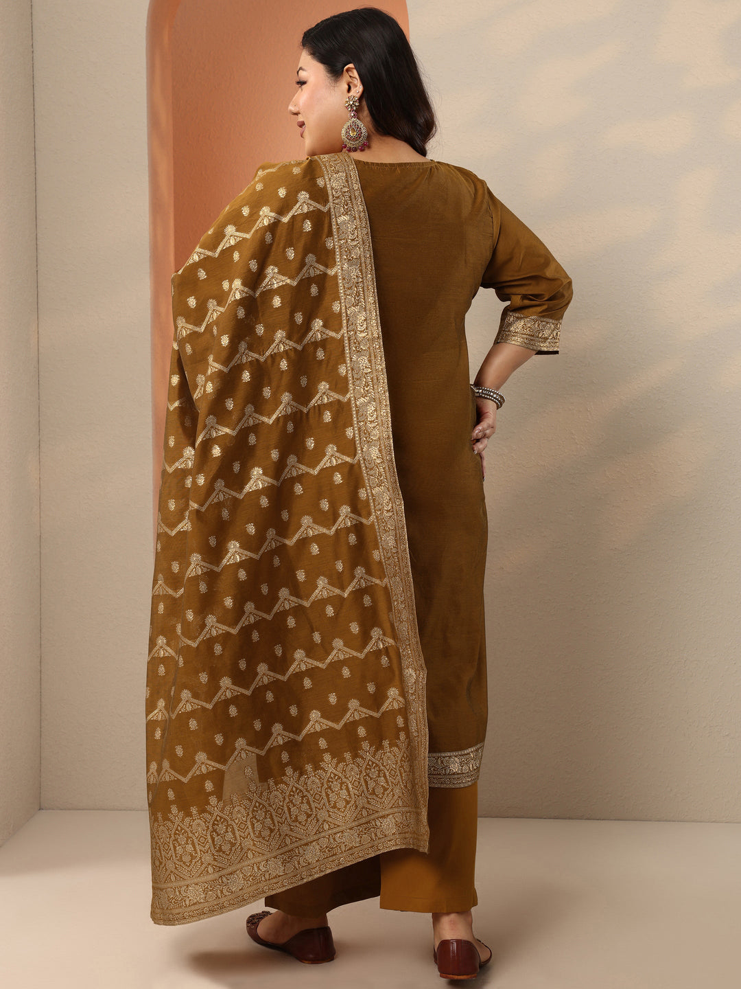 Plus Size Bronze Woven Design Silk Blend Straight Suit Set With Dupatta