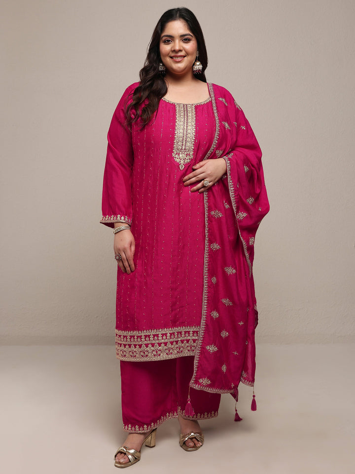 Plus Size Pink Embroidered Silk Blend Straight Suit Set With Dupatta