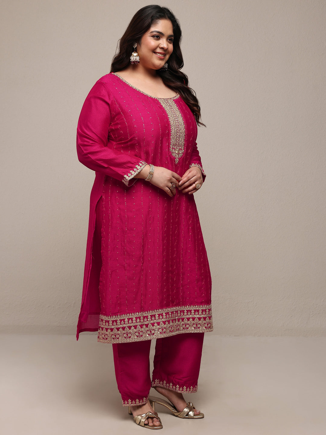 Plus Size Pink Embroidered Silk Blend Straight Suit Set With Dupatta